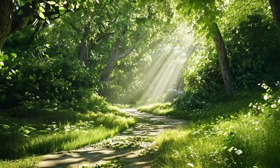 Wall Mural - Animation of Sunlight streams through a lush green forest, illuminating a path