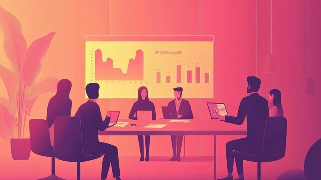 Vector banner with modern flat design featuring a business meeting where participants analyze growth charts and performance metrics in a tech-savvy environment