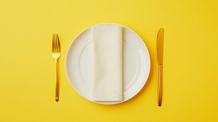 Wall Mural - Minimalist served white plate with golden fork and knife, copy space, yellow background. Generative AI