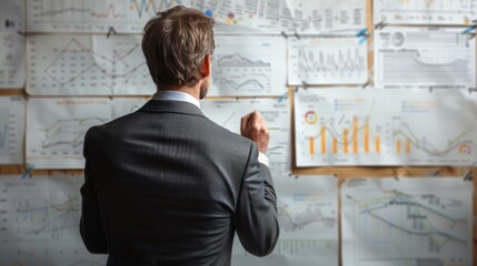 Poster - Mature businessman sketching growth strategy, analyzing economic trends for sustainable business development and organizational success.
