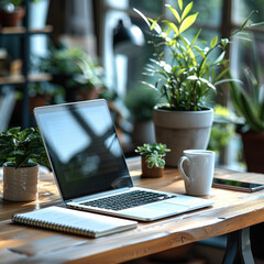 Poster - A bright and refreshing desk with a laptop and smartphone on the table, a notebook and a cup of coffee next to it, a leisurely balance between work and life.