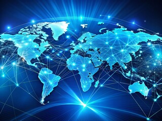 Poster - Explore the Intricacies of a Digital World Map Hologram Against a Striking Blue Background, Highlighting Global Connectivity and the Future of Technology