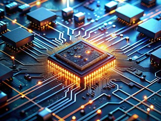 Poster - Exploring the Intricacies of Memory Circuits: A High Depth of Field Image of Microchips, Neural Connections, and Technological Innovations in Electronics and Computing