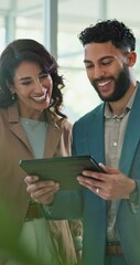 Poster - Happy, business people and tablet with high five for teamwork, good job or well done at office. Businessman, woman or employees with smile or technology for winning, promotion or success at workplace
