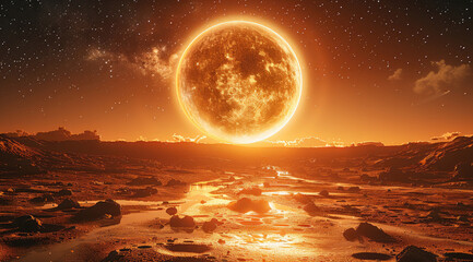 Poster - Mars glowing softly in the center of a vast black expanse, surrounded by a shimmering sea of a million tiny.