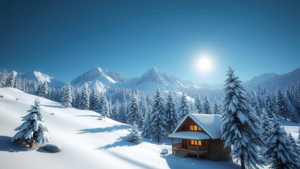 Wall Mural - Serene Winter Cabin: Cozy Mountain Retreat, Snowy Peaks, Sunlit Forest, Perfect for Holiday Cards and Wall Art