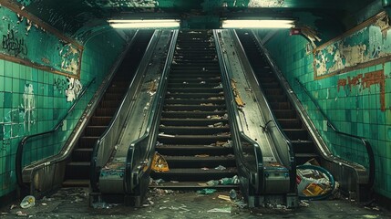 Aufkleber - An abandoned subway station with broken and cracked green paint, an empty escalator that leads down to the street where there is trash everywhere.