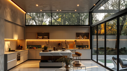 Poster - Modern kitchen high ceiling, light earthy colors, bright white walls, focused lighting on the work surface, and a large island.