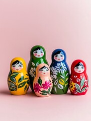 Matryoshka dolls in vibrant colors with intricate floral designs isolated on a pastel pink background