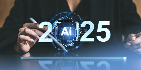 Poster - 2025 forecast with AI technology concept on futuristic interface displayed on tablet.