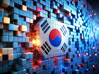 Poster - Futuristic 3D Blocks Forming the South Korean Flag, Showcasing Innovation in South Korea with a Bokeh Effect for a High-Tech Wallpaper Background