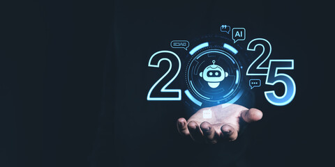 Futuristic 2025 forecast with AI concept hovering over a palm on dark background.