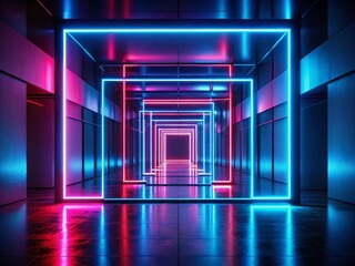 Poster - Futuristic Abstract Neon Light Squares in Dark Room with Reflective Floor - Modern Minimalist Photography of Glowing Gates in Blue, Red, and Pink Colors