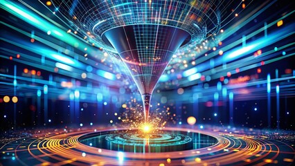 Poster - Futuristic Abstract Technology Background Showcasing Looping Big Data Sorting Flow with a Dynamic Collection Funnel and Particle Motion Representing Big Data Analytics