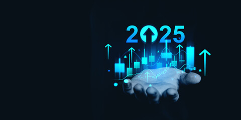 Poster - 2025 business growth concept with upward trends shown over an open hand. Blue financial data charts and arrows rising on dark background.