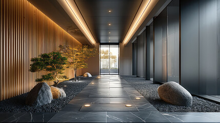 Aufkleber - The entrance of the high-end office building features an open corridor with minimalist design, wooden slats on one wall and metal decorative strips on another wall.