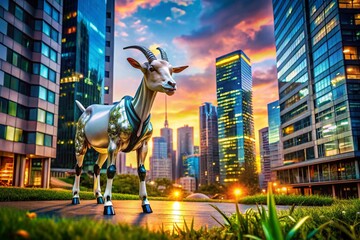 Poster - Futuristic Architectural Photography Featuring a Goat Robot Among Modern Structures in a Dynamic Urban Environment