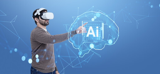 Aufkleber - Man using VR headset interacting with AI on a futuristic blue ba