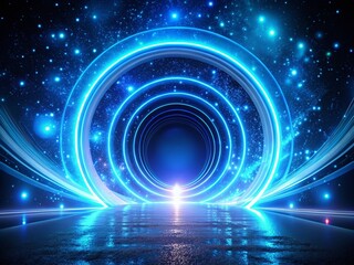 Poster - Futuristic Blue Neon Circular Glow with Swirling Particle Effects and Neon Path Trails for Modern Graphic Designs and Digital Art Backgrounds