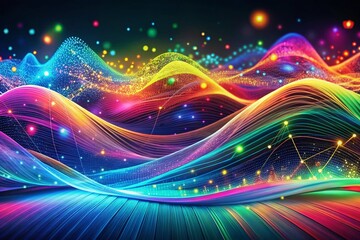 Poster - Futuristic Digital Background with Colorful Waves and Motion Dots, Representing Big Data Connections and Advanced Technology in a Panoramic View for Modern Visuals