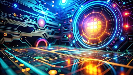 Poster - Futuristic Digital Colorful HUD Background with Glowing Cyber Circuit Board Elements for Advanced Virtual Dashboard and User Interface Design in Sci-Fi Aesthetic