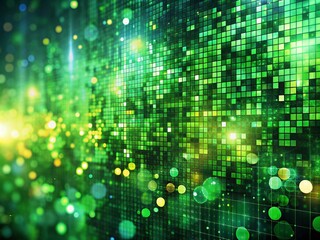 Poster - Futuristic Glitchy Green Pixelated Texture with Bokeh Effect Capturing Dynamic Digital Patterns in Motion, Ideal for Abstract Backgrounds and Tech-Themed Designs