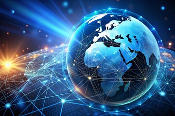 Poster - Futuristic Global Networking Animation with a Blue Background Featuring a Globe, Ideal for Representing Worldwide Communication and Digital Connectivity