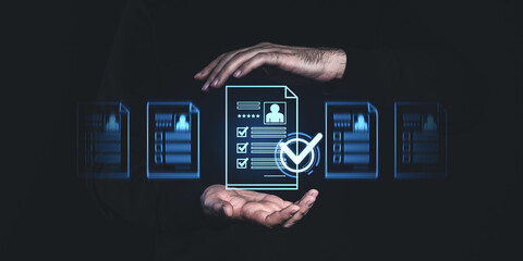 Poster - Hands hovering over glowing holographic checklists with profile icons, representing digital document selection on a dark background.