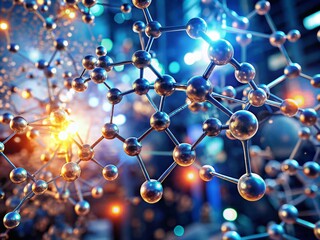 Poster - Futuristic Molecular Structures with Glowing Particles in a Blurred Background Symbolizing Advanced Science and Technology for Innovative Visuals and Creative Projects