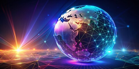 Poster - Futuristic Low-Polygon Globe Hologram Technology with Wireframe Elements and Copy Space for Innovative Design Concepts and Digital Solutions