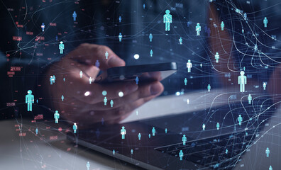 Poster - Digital network with human icons and smartphone in hand over a laptop.