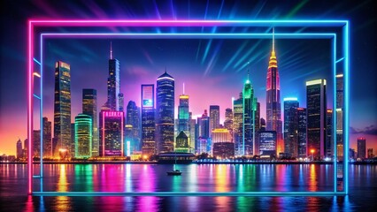 Poster - Futuristic Neon Cityscape with Candid Photography Style, Vibrant Border Frame Background, and Techno Line Silhouette for Modern Urban Aesthetics