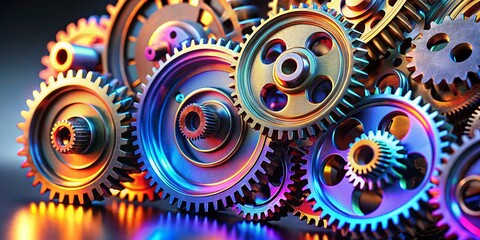 Poster - Futuristic Mechanism with Gears on Grey Background for Business and Industry Internet Banner, Ideal for Science Experiment Presentations and High-Tech Concepts