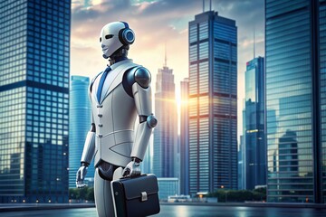 Poster - Futuristic Robot Executive with Briefcase in Modern Urban Setting, Symbolizing Innovation and Ambition, Perfect for Business and Technology Themes