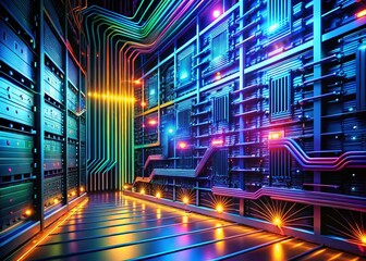 Poster - Futuristic Server with Printed Circuit Board Design Showcasing Data Movement and Processing in Abstract Technology Environment