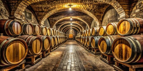 Poster - Rows of wooden barrels line the brick walls of an old wine cellar, a testament to the craft and heritage of winemaking.