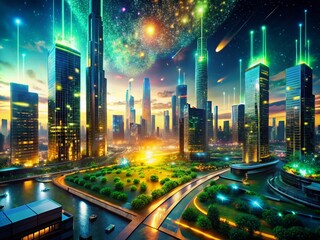 Poster - Futuristic Urban Exploration: Particle Glow Technology Background Capturing the Essence of a High-Tech Cityscape with Dynamic Lighting and Innovative Architectural Elements