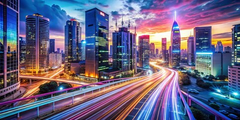 Poster - Futuristic Urban Technology Landscape Showcasing Smart City Innovations and Digital Connectivity in a Vibrant Cityscape Setting with Rule of Thirds Composition