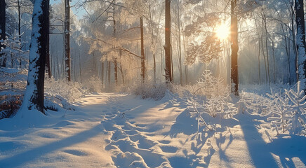 Poster - Forest in the winter in sunny day.