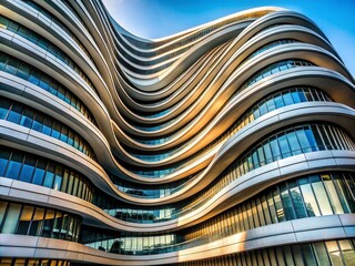 Poster - Futuristic Wave-Designed Building with Unique Curved Balconies Showcasing Modern Architecture in a Captivating Urban Landscape, Highlighting Innovative Design and Aesthetic Appeal