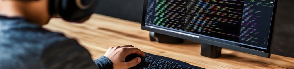 Fototapete - A person coding on a computer with colorful programming text displayed on the screen.
