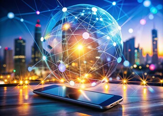 Poster - Global Mobile Technology and Communication Concept with Bokeh Effect Showcasing Connectivity, Innovation, and Digital Interaction in a Modern Urban Setting