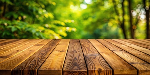 Poster - A wooden table with a blurred background of green foliage, perfect for showcasing products or creating a natural and inviting scene.