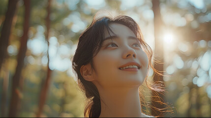 Wall Mural - In a forest of pine trees, a beautiful Korean woman in her 20s is smiling as she breathes in the fresh air.