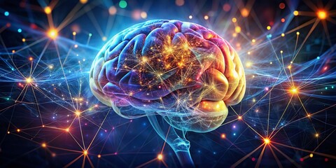 Poster - Glowing Illuminated Brain in a Dark Surrounding - 3D Rendered Silhouette Illustration for Neurotechnology and Cognitive Science Concepts