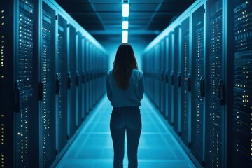 Poster - Professional woman walks through a data center aisle illuminated by blue lights at night