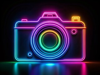 Poster - Glowing Neon Line Photo Camera on Black Background Capturing the Essence of Photography with Vibrant Colors and Modern Aesthetics