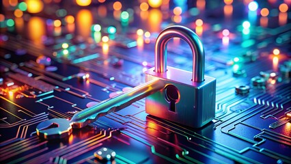 Fototapete - Glowing Neon Key and Lock Symbolizing Cyber Security in a Futuristic Setting, Representing Encryption Technology and Hacker Protection Concepts for Digital Security