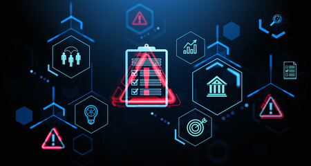 Poster - Digital risk management concept with warning symbols and checklists displayed on a dark background. 3D Rendering