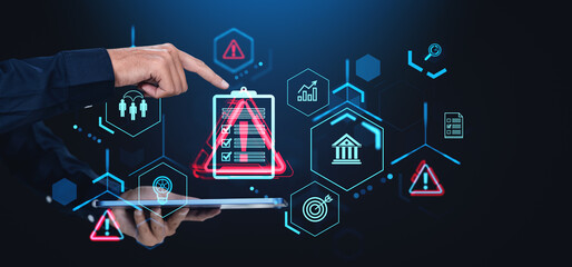 Poster - Hand pointing at digital icons representing risk management, safety, and financial planning on a futuristic touchscreen interface.